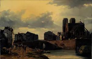 Quai Prints: Apse of Notre-Dame and the bridge at Hotel-Dieu, 1835. Creator: Louis Matout