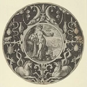 Aqua in a Decorative Border with Sea Creatures, from a Series of Circular Designs w