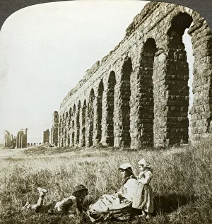 Claudius Prints: Aqueduct of Claudius and the Campagna, Rome, Italy. Artist: Underwood & Underwood