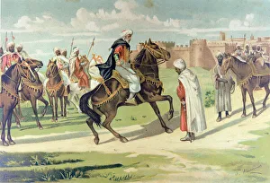 Walls Prints: The Arab general Musa Ibn Nusayr (640-718) strikes the face of his lieutenant Tarik