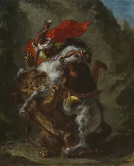 Arabia Gallery: Arab Horseman Attacked by a Lion, 1849 / 50. Creator: Eugene Delacroix