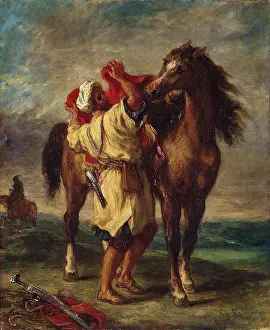Eugene Prints: Arab Saddling his Horse, 1855. Creator: Eugene Delacroix