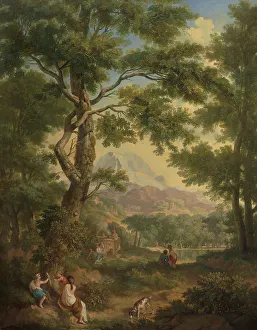 Arcadian Prints: Arcadian landscape, children with a bird and a dog in left foreground