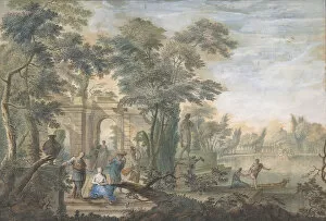 Arcadian Landscape with several Figures and a Statue of Diana, 18th century