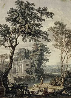 Coal Prints: Arcadian Landscape with Palace Architecture, c1730-c1740. Creator: Isaac de Moucheron
