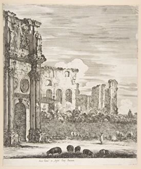 Colosseum Gallery: Arch of Constantine and Colosseum with sheep grazing in foreground, from Six large views