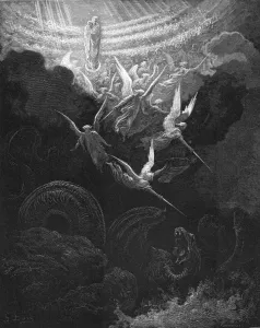 Virgin Mother Collection: The Archangel Michael and his angels fighting the dragon, 1865-1866. Artist: Gustave Dore