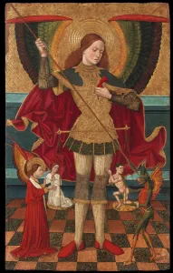 The Archangel Michael weighing the Souls of the Dead. Artist: Abadia, Juan de la, the Elder (active 1469-1498) The Archangel Michael weighing the Souls of the Dead. Artist: Abadia, Juan de la, the Elder (active 1469-1498)