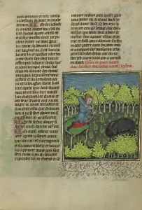 An Archer on a Platform Shooting at a Wallowing Wild Boar; Livre de la Chasse, about 1430-1440. Creator: Unknown