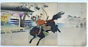 Archery at the samurai in the gardens of Chiyoda No Onmote-Yabusame Jyoran, popular card, 1897 Archery at the samurai in the gardens of Chiyoda No Onmote-Yabusame Jyoran, popular card, 1897