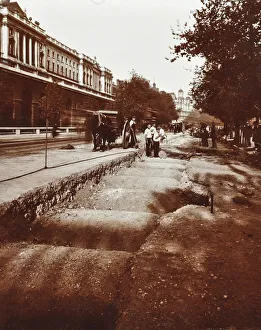 Arches over the District Railway exposed during tramway electricification, London, 1906