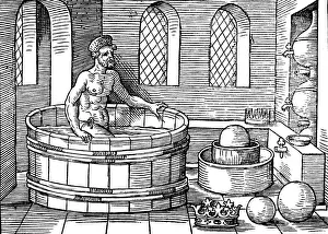 Archimedes (c287-212 BC), Ancient Greek mathematician and inventor, in his bath