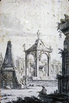 Cemetery Prints: Architectural Capriccio of an Antique Cemetery with Three Tombs