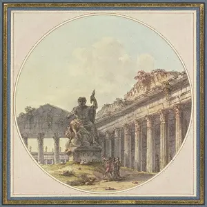 Jupiter Prints: Architectural capriccio: Interior of a temple ruin with a statue of Jupiter Tonans and figures