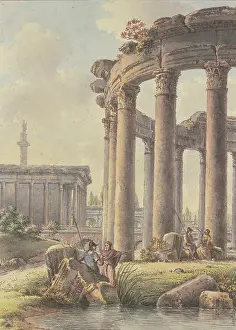 Shrine Prints: Architectural capriccio: Ruins of a round temple, Trajan's Column in the background