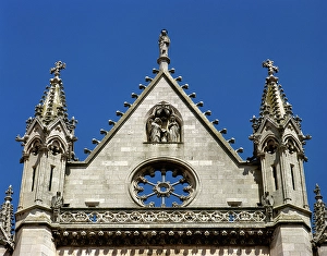 Architectural detail, top of the main facade, Saint Mary's CathedralLeon, Castile and Leon (2002). Creator: LTL