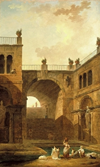 Robert Hubert Prints: Architectural Scene with Women Washing Clothes at a Pool, 1799. Creator: Hubert Robert