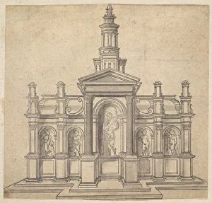 Tabernacle Prints: Architecturally-Shaped Tabernacle with a Saint and Four Putti, ca. 1530-49