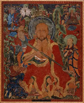 Arhat Chudapanthaka (?) with Attendants, c14th century. Creator: Anon