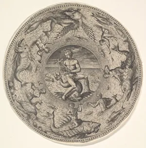Adrian Collaert Gallery: Arion on a Dolphin surrounded by a Border decorated with Sea Creatures, from a Set of