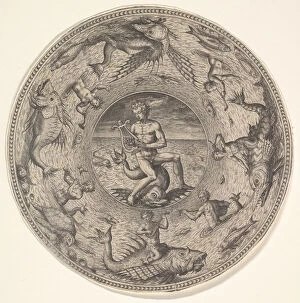 Adriaen Collaert Gallery: Arion on a Dolphin surrounded by a Border decorated with Sea Creatures, from a Set of