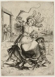 Whipping Prints: Aristotle and Phyllis, c. 1500. Creator: Master MZ