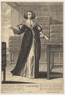 Arithmetic: a young woman standing at a table, holding a sheet with inscribed numbers i