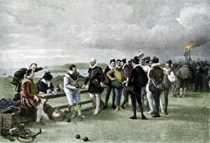 Colourised Collection: The Armada in sight, Plymouth hoe, 1880, (1911). Artist: John Seymour Lucas