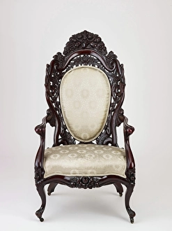 Upholstered Seat Prints: Armchair, about 1855. Creator: John Henry Belter & Co