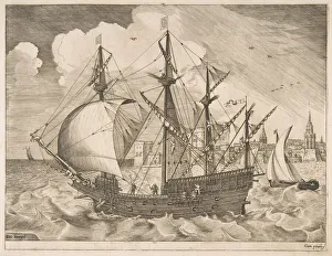 Bruegel Pieter The Elder Prints: Armed Four-Master Putting Out to Sea from The Sailing Vessels, ca. 1555-56