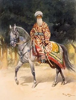 An armed warrior mounted on a Turkoman horse in traditional dress, pub. 1912. Creator An armed warrior mounted on a Turkoman horse in traditional dress, pub. 1912. Creator