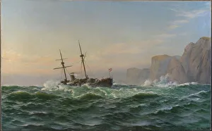 The armored ship Iver Hvitfeldt passes Forbjerget Stat on the way to Trondhjem...1893, 1894. Creator: Christian Blache. The armored ship Iver Hvitfeldt passes Forbjerget Stat on the way to Trondhjem...1893, 1894