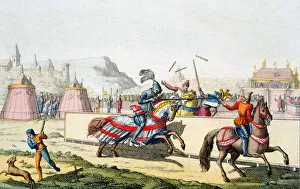 Armoured knights jousting at a tournament, 12th century, c1820 Armoured knights jousting at a tournament, 12th century, c1820