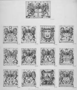 Arms of the twelve chief City Livery Companies surmounted by the arms of the City of Arms of the twelve chief City Livery Companies surmounted by the arms of the City of