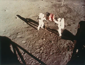 Armstrong and Aldrin unfurl the US flag on the moon, 1969