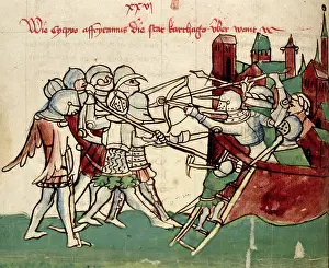Bowman Prints: Army attacking a besieged town, 15th century. Creator: Unknown