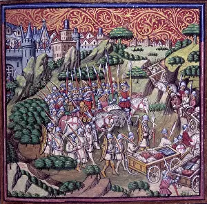 Sicily Prints: The army of the King of Sicily, riding away from a city, c1500. Creator: Unknown