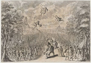 An army marching through a field; soldiers on foot at left and right, while others ride el..., 1678