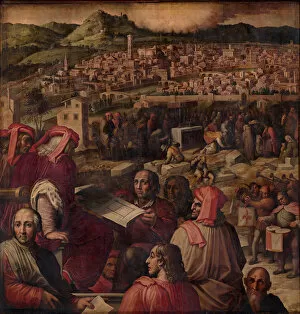 Arnolfo Gallery: Arnolfo di Cambio shows the plan to enlarge Florence, 1563-1565. Artist: Vasari, Giorgio (1511-1574)