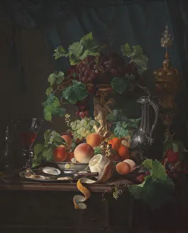 Green Grape Prints: Arrangement with wine glasses, oysters