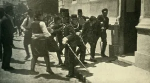 Slaughtering Prints: Arrest of Gavrilo Princip... Sarajevo, 28 June 1914, (c1920). Creator: Unknown