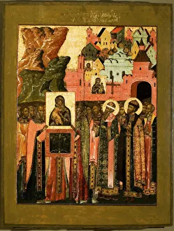 Arrival of the Icon of Our Lady of Vladimir in Moscow in 1395, Mid of 17th cen.. Artist: Russian icon Arrival of the Icon of Our Lady of Vladimir in Moscow in 1395, Mid of 17th cen.. Artist: Russian icon