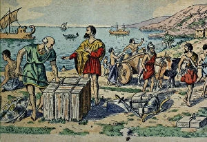 Images Dated 18th July 2013: Arrival of the Phoenicians to the coast of the Iberian Peninsula, drawing, 1900
