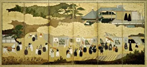 Byobu Gallery: Arrival of a Portuguese ship. Nanban screen, ca. 1600. Artist: Anonymous
