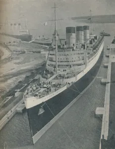 Southampton Prints: Arrival of RMS Cunard White Star liner Queen Mary in King George V Graving Dock, 1936