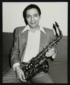 Saxaphone Player Prints: Art Pepper holding his saxophone, Royal Festival Hall, London, 14 July, 1980. Artist