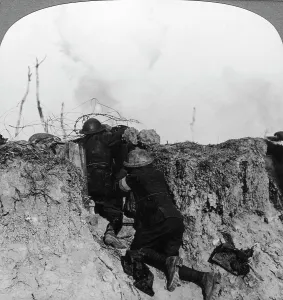 Artillery observation officer in forward post, France, World War I, 1914-1918. Artist: Realistic Travels Publishers