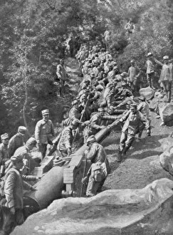Dragging Gallery: Artillery piece being pulled by 600 soldiers, Second Battle of the Isonzo, World War I, 1915
