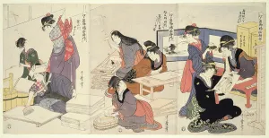 Artist, Block Carver, Applying Sizing (Eshi, hangashi, dosa-biki), from the series... About 1803. Creator: Kitagawa Utamaro