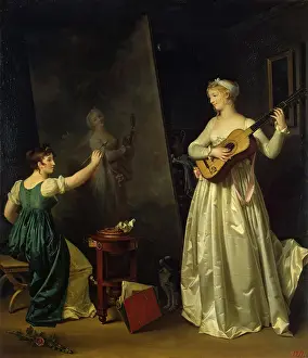 Satin Prints: Artist Painting a Portrait of a Musician, 1796. Creator: Marguerite Gerard